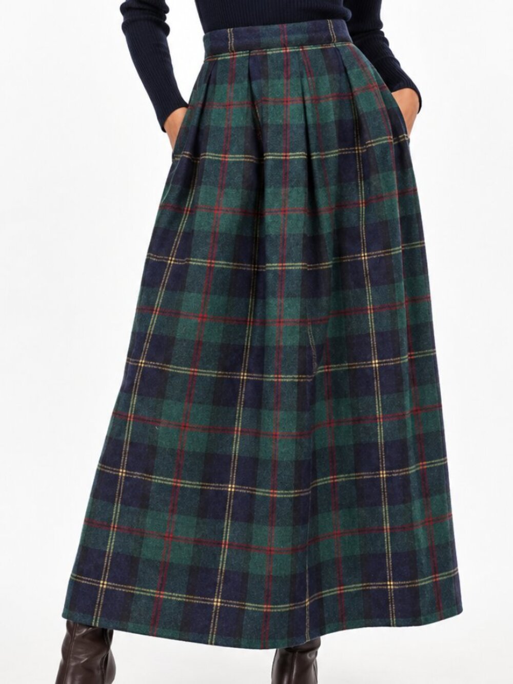 VTG JG HOOK Pleated Green Tartan Plaid Wool Midi Skirt Sz 16 Preppy